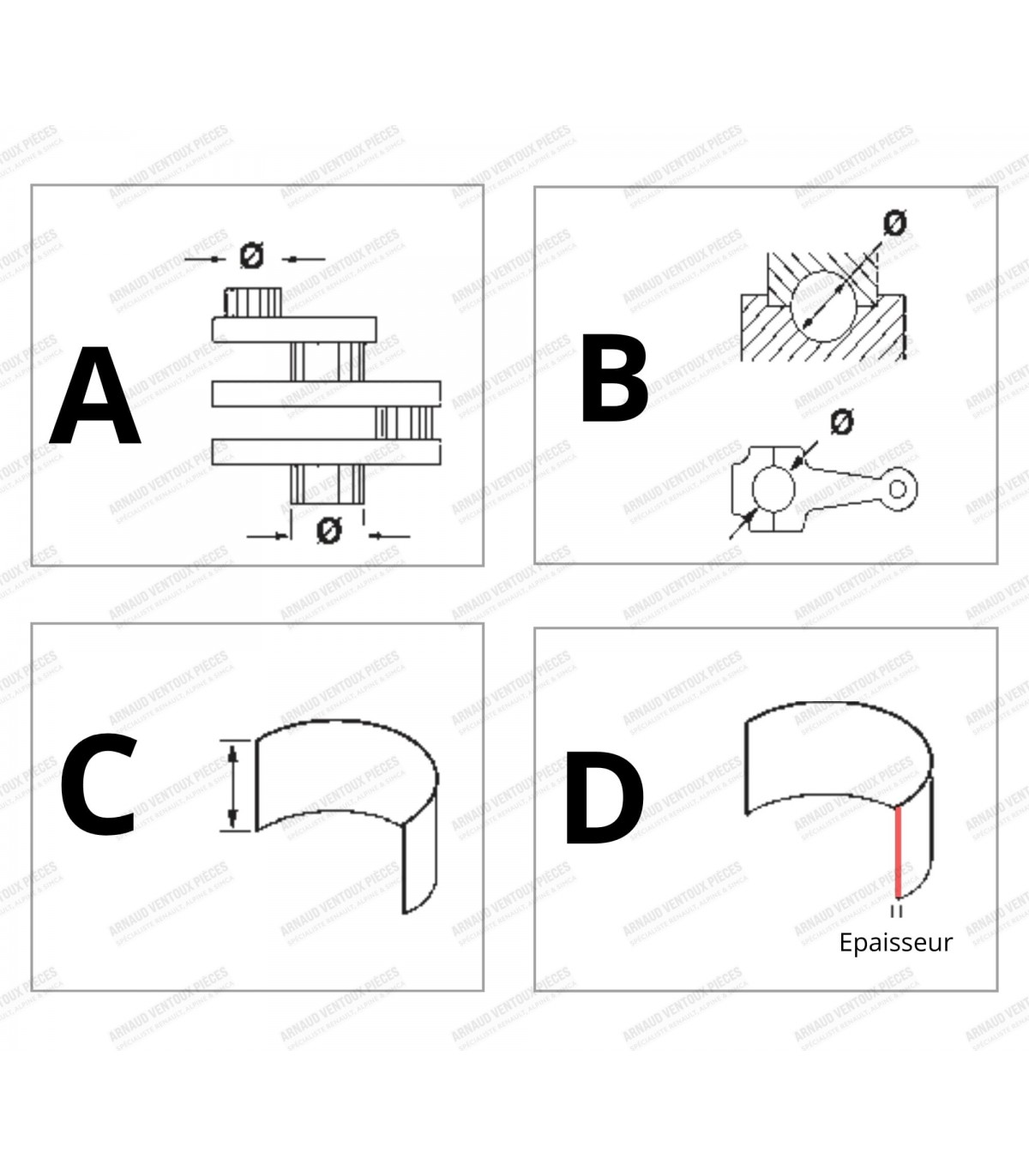 Jeu de coussinets de bielles (Petit paliers) Ø 43.73mm - Côte réparation (+0.25) - 2