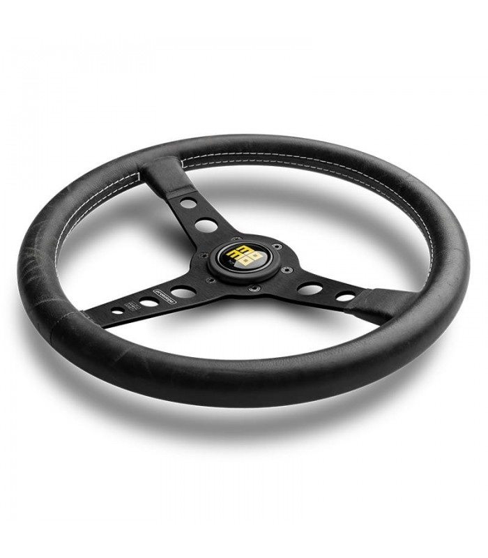 "Momo Prototipo Heritage" steering wheel, Ø350mm, with matte black spokes, aged black leather, and white stitching. - 2