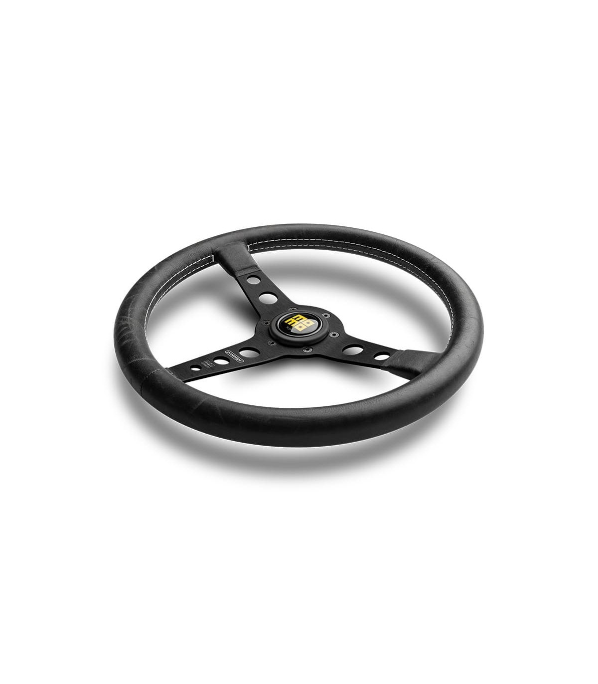 "Momo Prototipo Heritage" steering wheel, Ø350mm, with matte black spokes, aged black leather, and white stitching. - 2