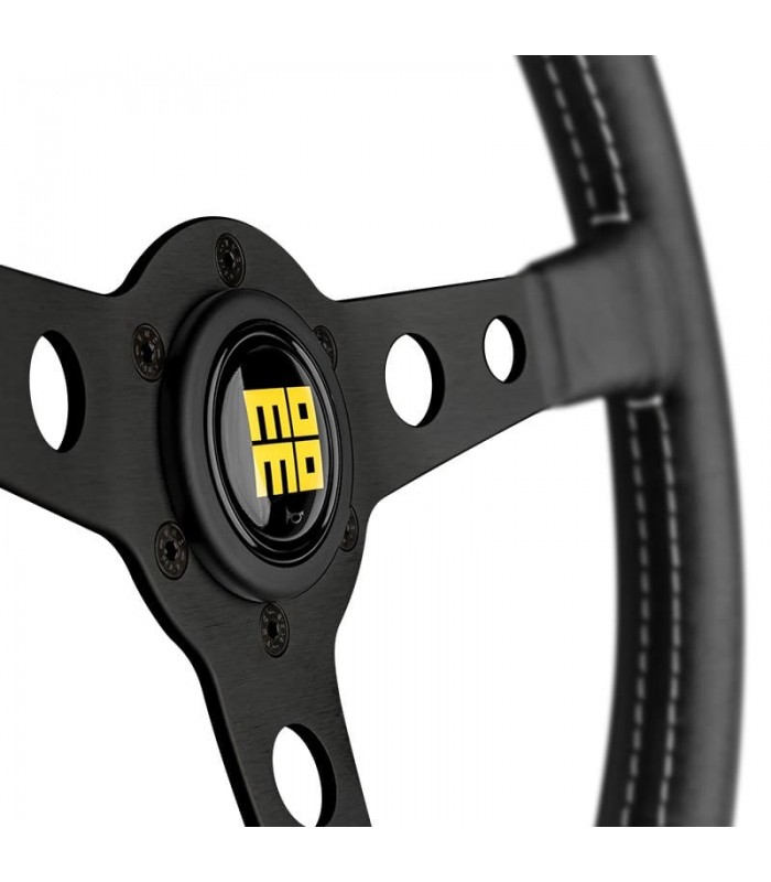 "Momo Prototipo Heritage" steering wheel, Ø350mm, with matte black spokes, aged black leather, and white stitching. - 3