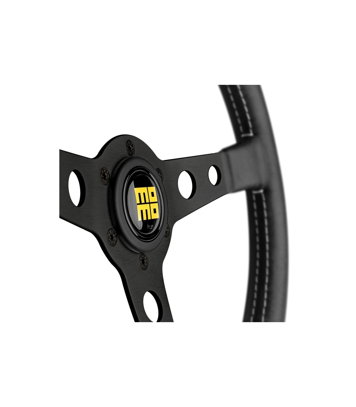 "Momo Prototipo Heritage" steering wheel, Ø350mm, with matte black spokes, aged black leather, and white stitching. - 3