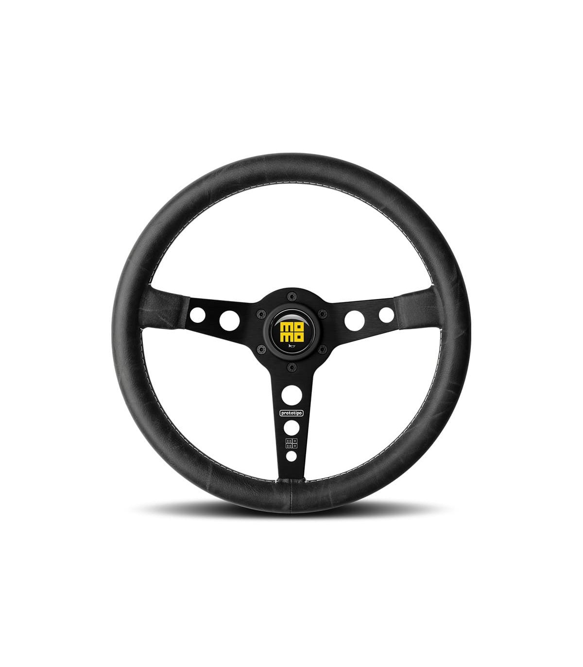 "Momo Prototipo Heritage" steering wheel, Ø350mm, with matte black spokes, aged black leather, and white stitching. - 1