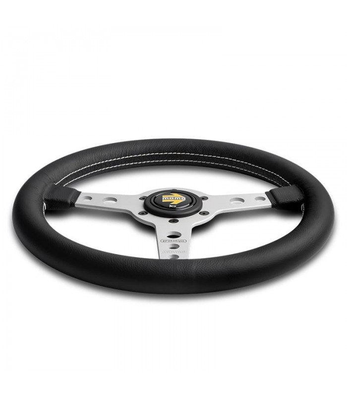 Volant "Momo Prototipo" Ø 320mm avec branches couleur argent mat, cuir noir et coutures blanches - 2
