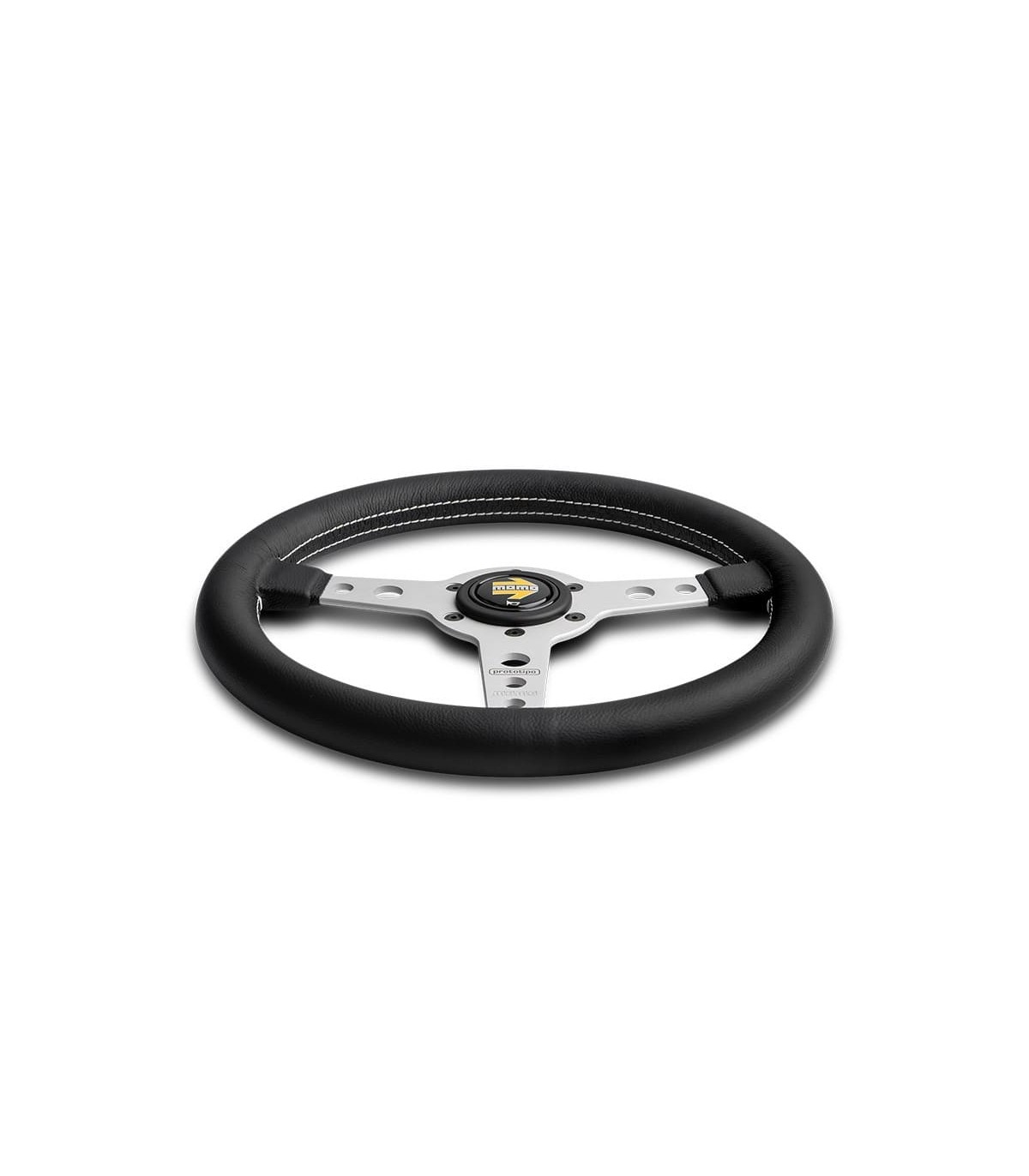 Volant "Momo Prototipo" Ø 320mm avec branches couleur argent mat, cuir noir et coutures blanches - 2