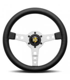 Volant "Momo Prototipo" Ø 320mm avec branches couleur argent mat, cuir noir et coutures blanches - 1