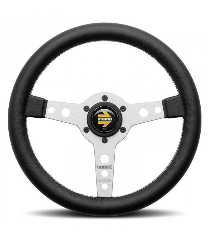 Volant "Momo Prototipo" Ø 320mm avec branches couleur argent mat, cuir noir et coutures blanches - 1