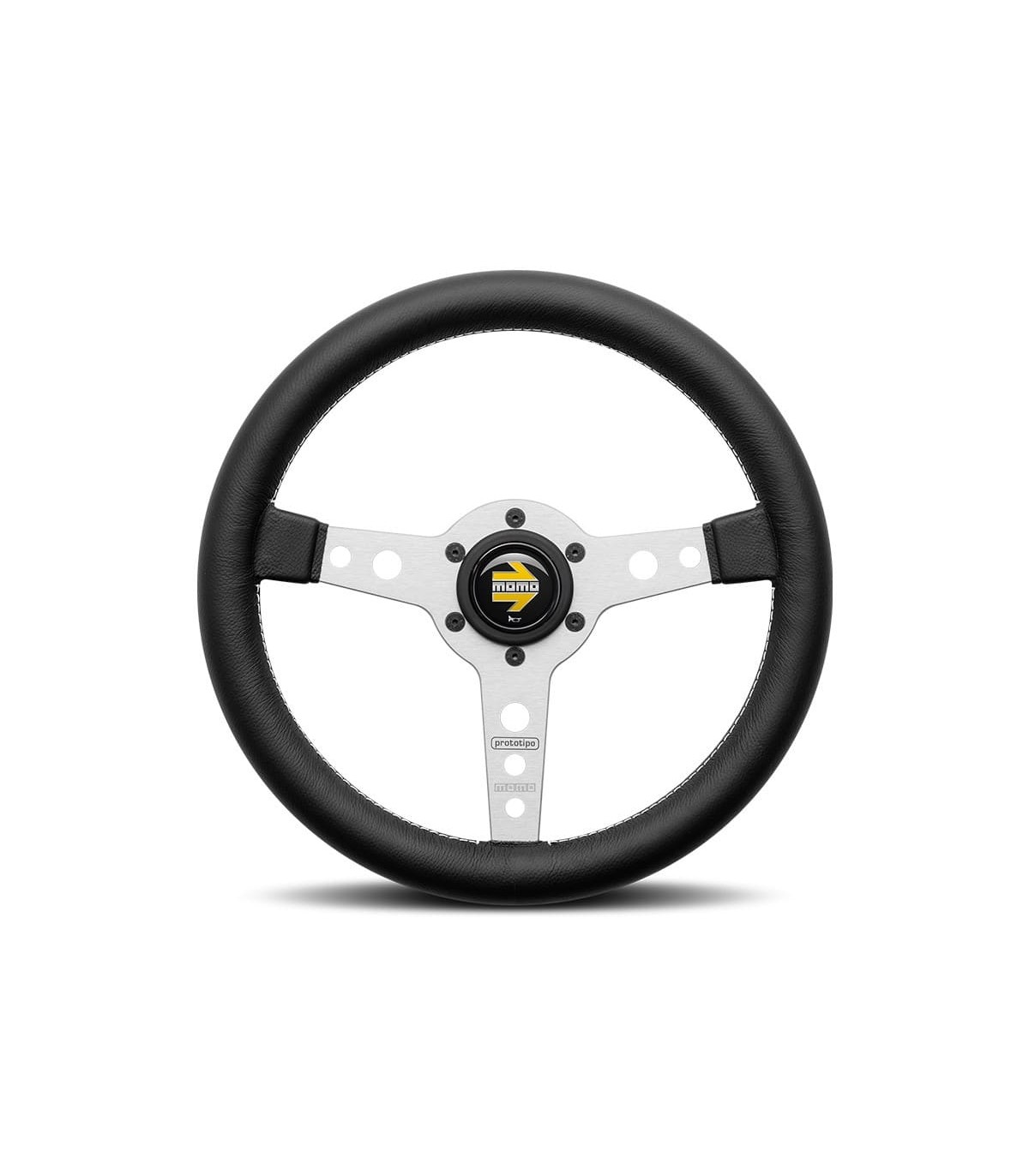 Volant "Momo Prototipo" Ø 320mm avec branches couleur argent mat, cuir noir et coutures blanches - 1