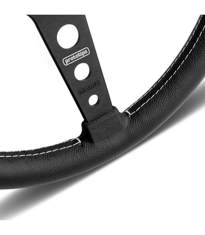 Volant "Momo Prototipo" Ø320mm avec branches couleur noir mat, cuir noir et coutures blanches - 2