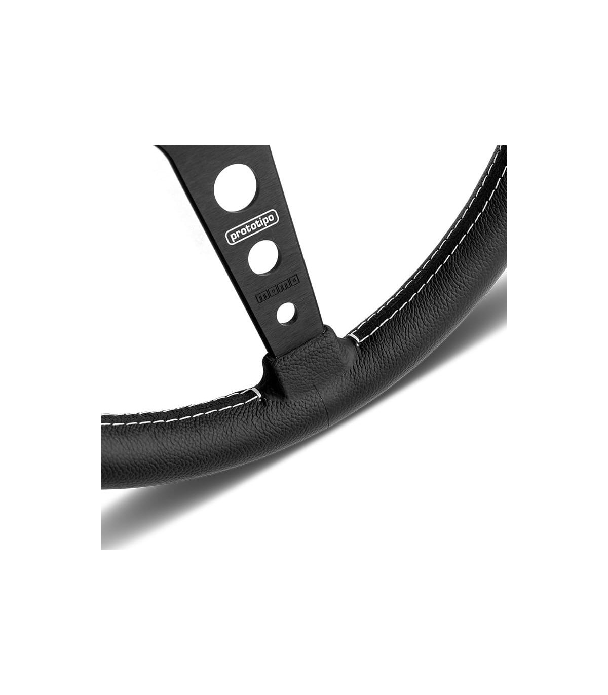 Volant "Momo Prototipo" Ø320mm avec branches couleur noir mat, cuir noir et coutures blanches - 2