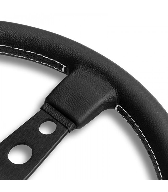 Volant "Momo Prototipo" Ø320mm avec branches couleur noir mat, cuir noir et coutures blanches - 3