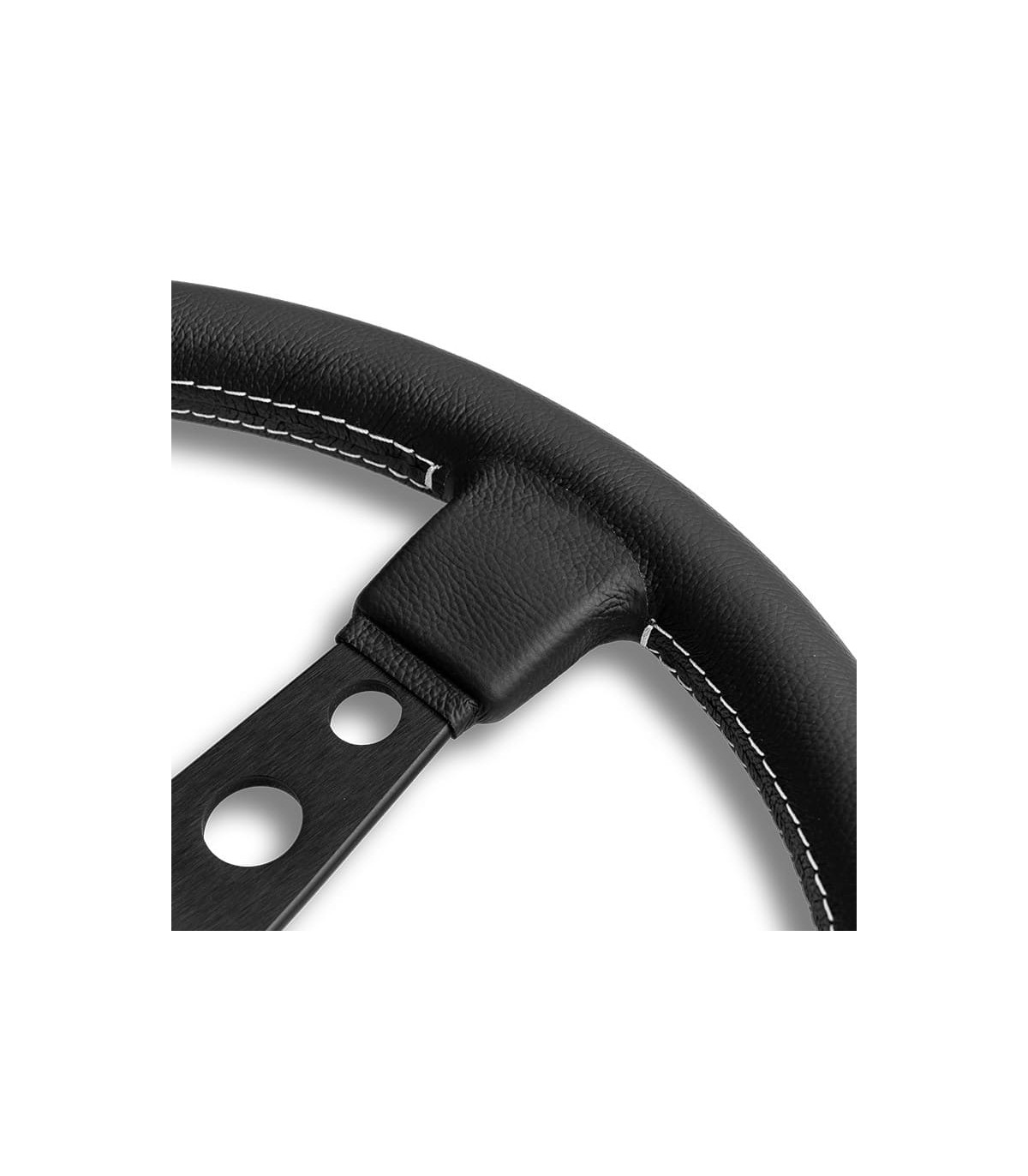 Volant "Momo Prototipo" Ø320mm avec branches couleur noir mat, cuir noir et coutures blanches - 3