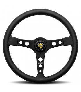 Volant "Momo Prototipo" Ø320mm avec branches couleur noir mat, cuir noir et coutures blanches - 1