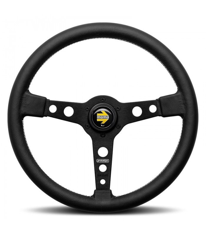 Volant "Momo Prototipo" Ø320mm avec branches couleur noir mat, cuir noir et coutures blanches - 1