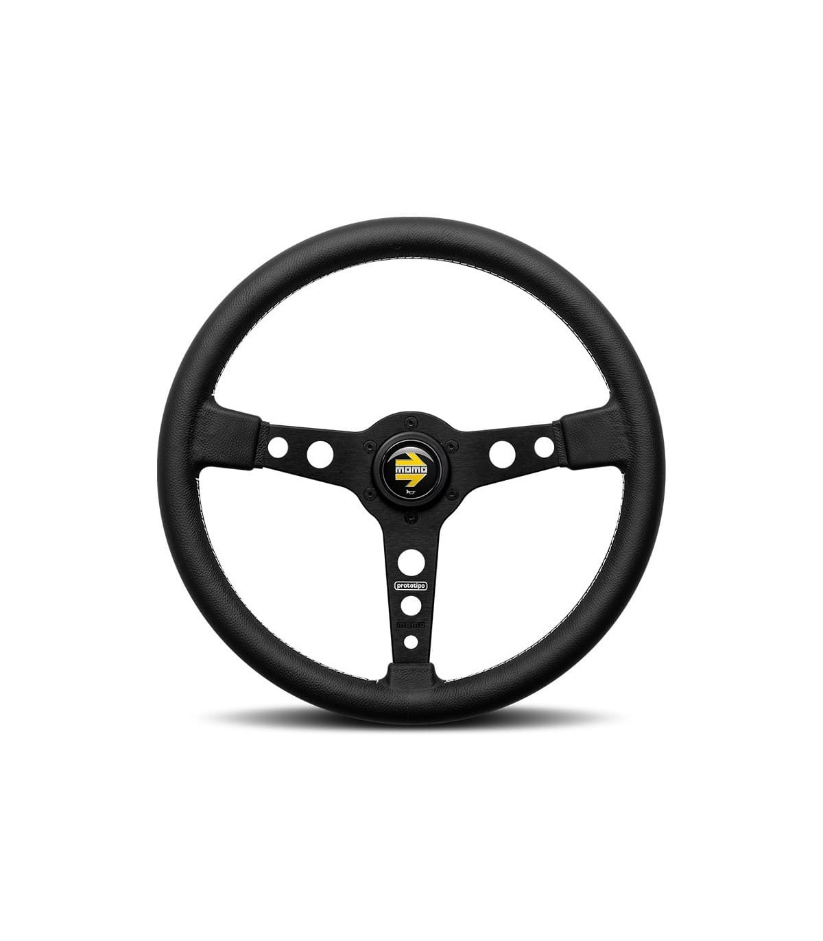 Volant "Momo Prototipo" Ø320mm avec branches couleur noir mat, cuir noir et coutures blanches - 1