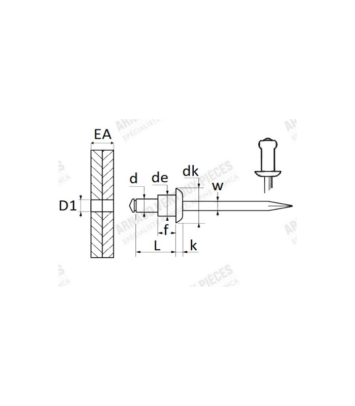 Rivet pour Baguettes latérales plastique   Renault R4 / 4L  - Réf 7703072177 / 7703072289 - 2