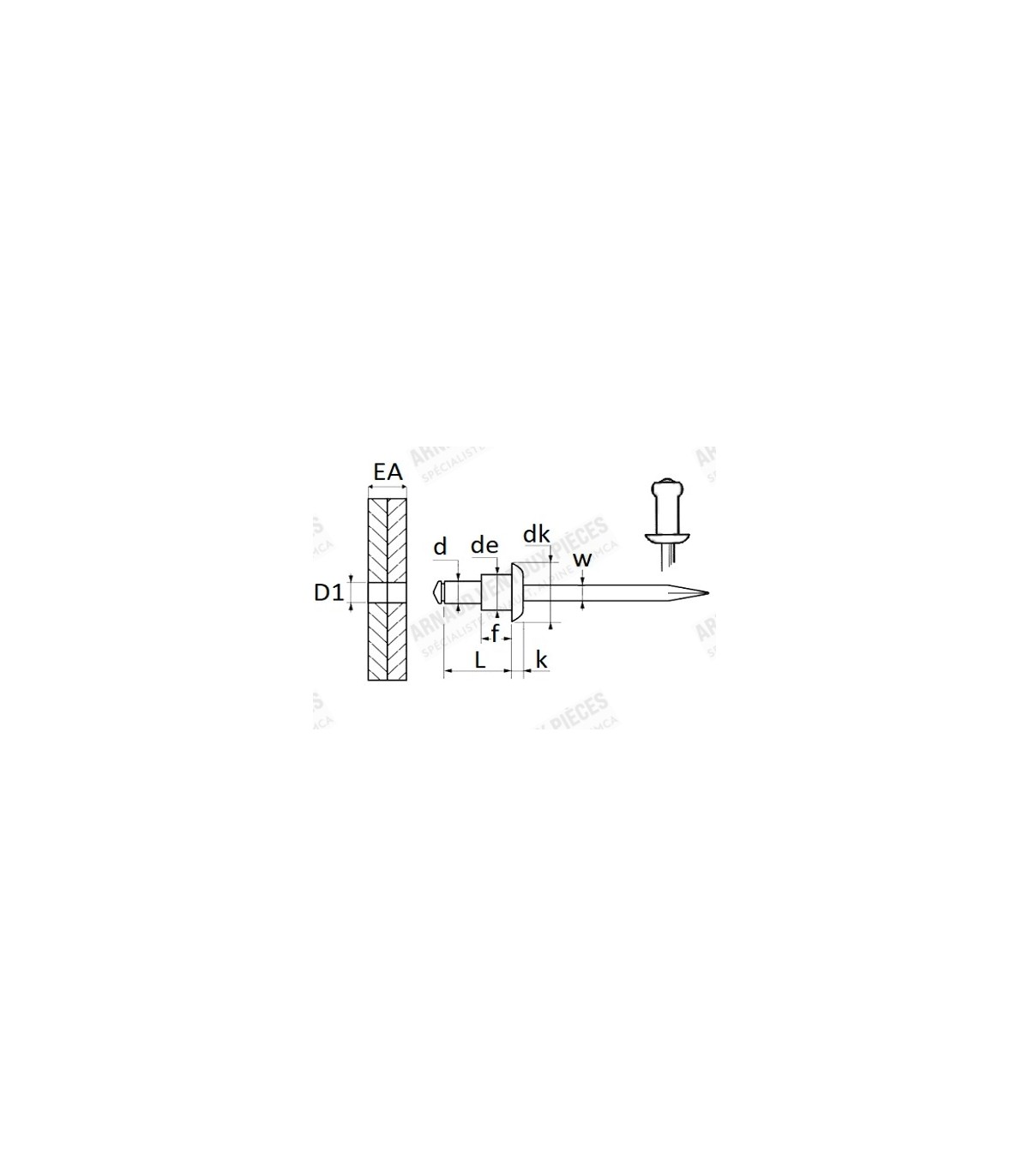 Rivet pour Baguettes latérales plastique   Renault R4 / 4L  - Réf 7703072177 / 7703072289 - 2