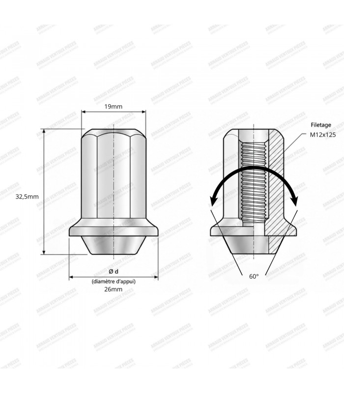 Ecrou de roue en acier chromé à porté plate pour jante tôle - Cône à 60° - M12x125 - 2