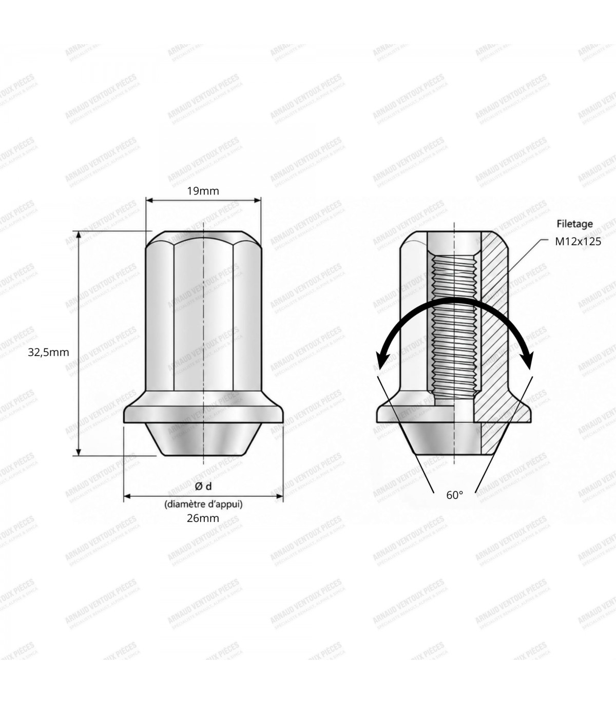 Ecrou de roue en acier chromé à porté plate pour jante tôle - Cône à 60° - M12x125 - 2