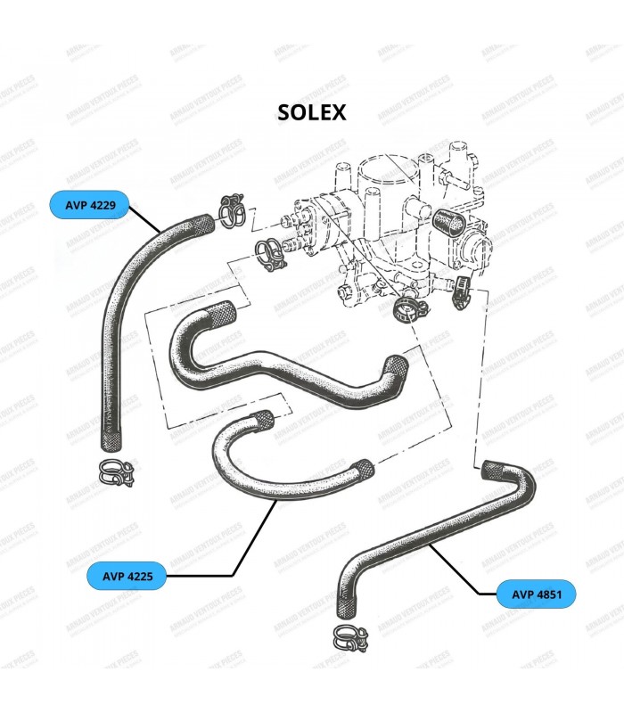 Carburetor base heating hose (Solex / Weber or Zenith): Water pump bracket / Carburetor base – Ø 10mm - 3