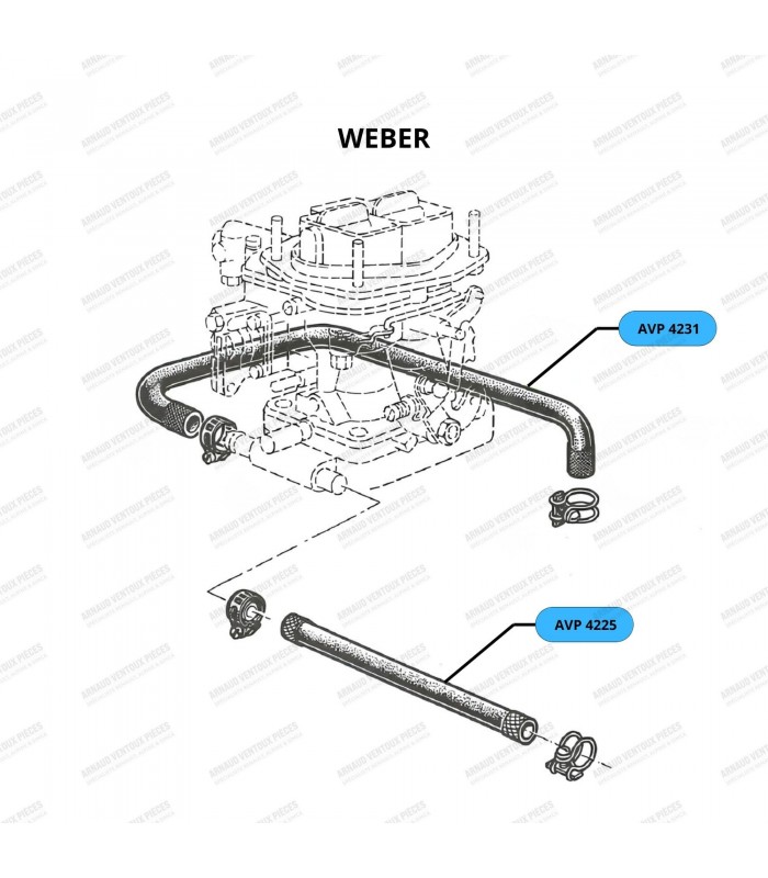 Carburetor base heating hose (Solex / Weber or Zenith): Water pump bracket / Carburetor base – Ø 10mm - 2