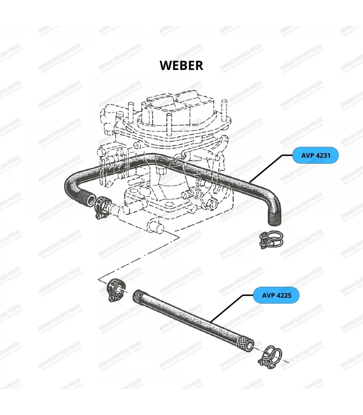 Carburetor base heating hose (Solex / Weber or Zenith): Water pump bracket / Carburetor base – Ø 10mm - 2
