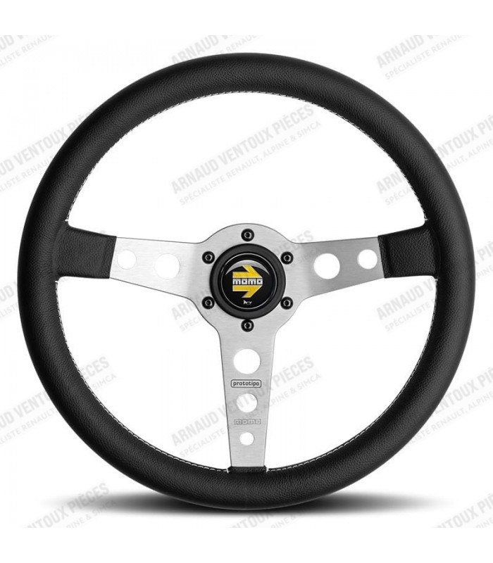 "Momo Prototipo" steering wheel Ø 350mm with matt silver spokes, black leather and white stitching - 1