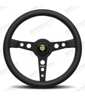 Volant "Momo Prototipo" Ø350mm avec branches couleur noir mat, cuir noir et coutures blanches - 1