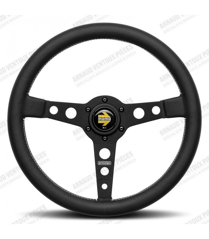 Volant "Momo Prototipo" Ø350mm avec branches couleur noir mat, cuir noir et coutures blanches - 1