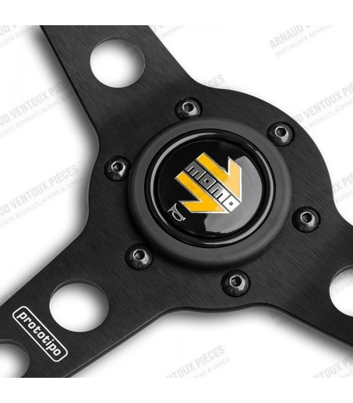 Volant "Momo Prototipo" Ø350mm avec branches couleur noir mat, cuir noir et coutures blanches - 2