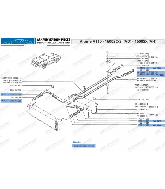 Rubber hose on cooling radiator - Ø32 and Ø35mm - Alpine 1600 SC / Si and SX - Ref 6000047527 - 2